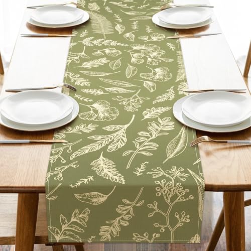 Croar Green Botanical Leaves Dining Table Runner, Vintage Fern Plant Greenery Burlap Kitchen Decoration, Nature Indoor Outdoor Home Decor Party Supply 13 x 72 Inches