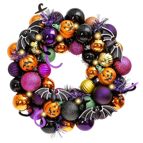 Valery Madelyn Halloween Deko, Halloween Kranz Ø 30cm, Freche Leckerbissen und bruchsichere Kugeln-Ornamente mit Led Licht für Haustür, Wanddekoration, Party., 14.99 €