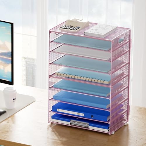 Image of Marbrasse Paper Organizer Letter Tray, 9 Tier Mesh File Organizer with Handle, Paper Sorter Desk Organizer for Home Office Supplies - Pink