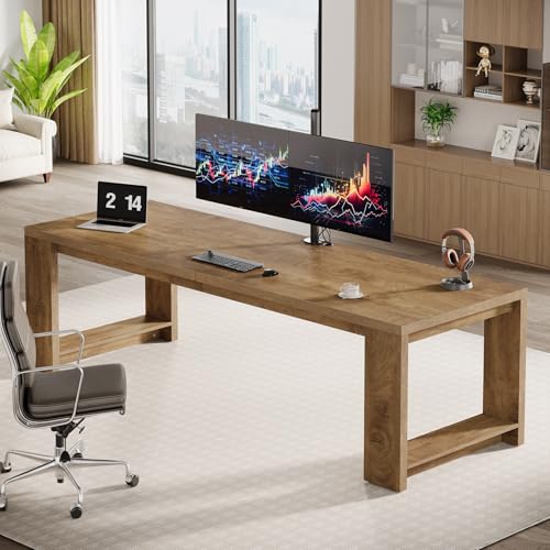 Image of Tribesigns Two Person Desk Set of 2, 86.6-Inch Extra Long Wood Desk, Double Computer Writing Table, Wood Large Workstation for Home Office, Wood Color