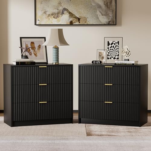 Image of Furniway Fluted Nightstands Set of 2, 31.5 inch Large Bedside Tables with 3 Drawers, Modern Wood Night Stands with Storage for Bedroom, Black