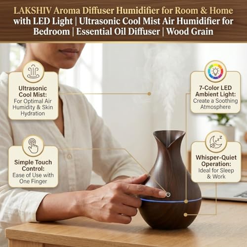 Image of Lakshiv Aroma Diffuser Humidifier for Room & Home with LED Light | Ultrasonic Cool Mist Air Humidifier for Bedroom | Essential Oil Diffuser | Wood Grain Finish | 30ml | Touch Operation
