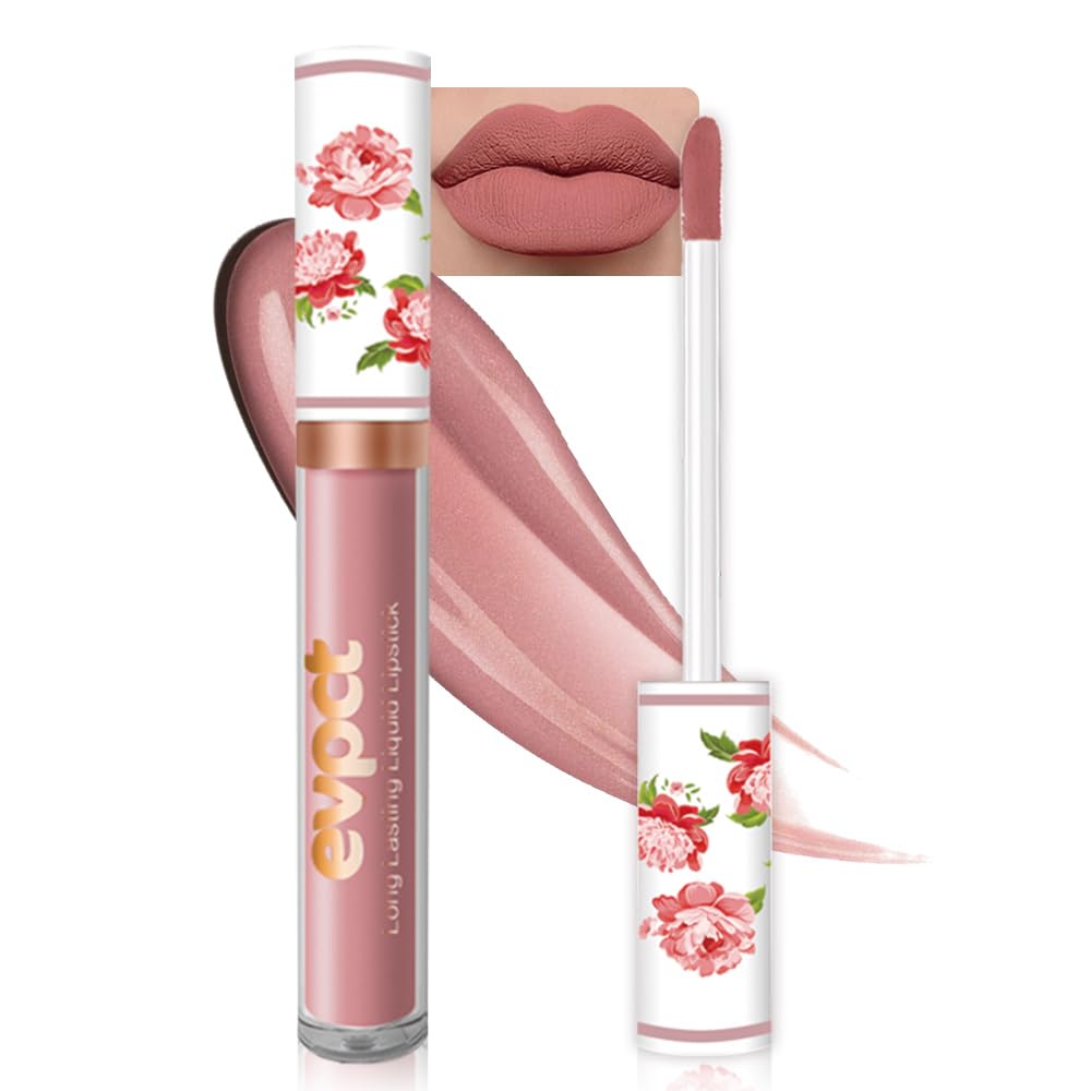 evpct 1Pcs Nude Pink Matte Liquid Lipstick Lip Stain Sets for Women, Peony Flower Brown Red Matte+Lipstick Long Lasting Permanent 24 hr Hours Magic Lipstick 24 Hours original Waterproof, 03#