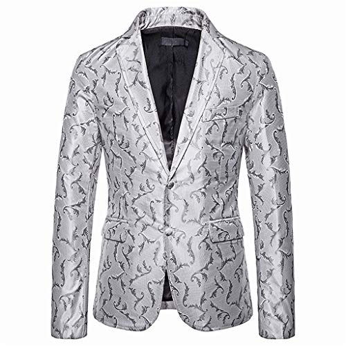 Centory Men Peak Lapel Jacquard Slim Fit Tuxedo Blazer Suit Formal Party Jacket Single Breasted Silver