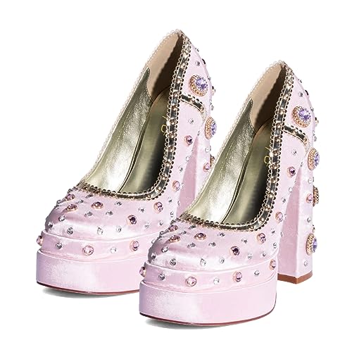 XYD Women's Vintage Bejeweled Diamonds Chunky Block High Heel Double Layered Platform Pumps Slip On Loafers Closed Round Toe Fancy Party Court Shoes4