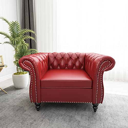 Image of ORRD Chesterfield Chair, Modern Leather Tufted Accent Sofa Couch Chair with Rolled Arms and Nailhead for Living Room, Bedroom, Office, Apartment (Burgundy)
