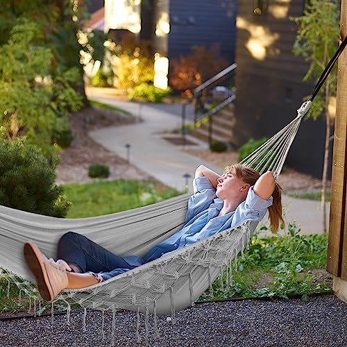 Image of MOSFiATA Backyard Hammock with Tassels Max 500lbs Canvas Fabric Bohemian Style with Thickened Rope and Carry Bag for Outdoor, Garden, Patio, Wedding Decor (Gray)