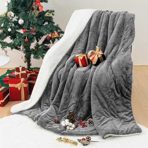 HOMFINE Sherpa Fleece Throw Blanket - Single Soft Fleece Blanket for Bed Sofa Thick and Warm Fluffy Blanket Reversible Microfiber Solid Throw for Bedroom Coach Travel, Light Grey, 130 x 150CM
