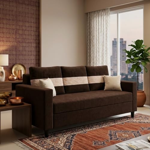 Image of FURNY Luxury Conva 3 Seater Sofa Set for Living Room |Soft Suede Fabric Upholstered | Modern Cushioned Comfortable Couch for Home Office & Drawing Room | Dark Brown