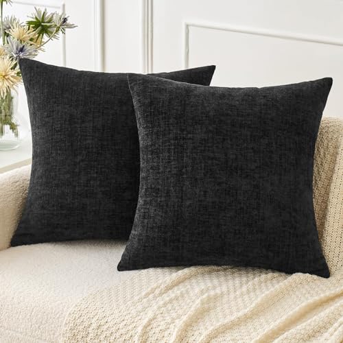 Image of MIULEE Halloween Pack of 2 Couch Throw Pillow Covers 18x18 Inch Soft Black Chenille Pillow Covers for Sofa Living Room Solid Dyed Pillow Cases