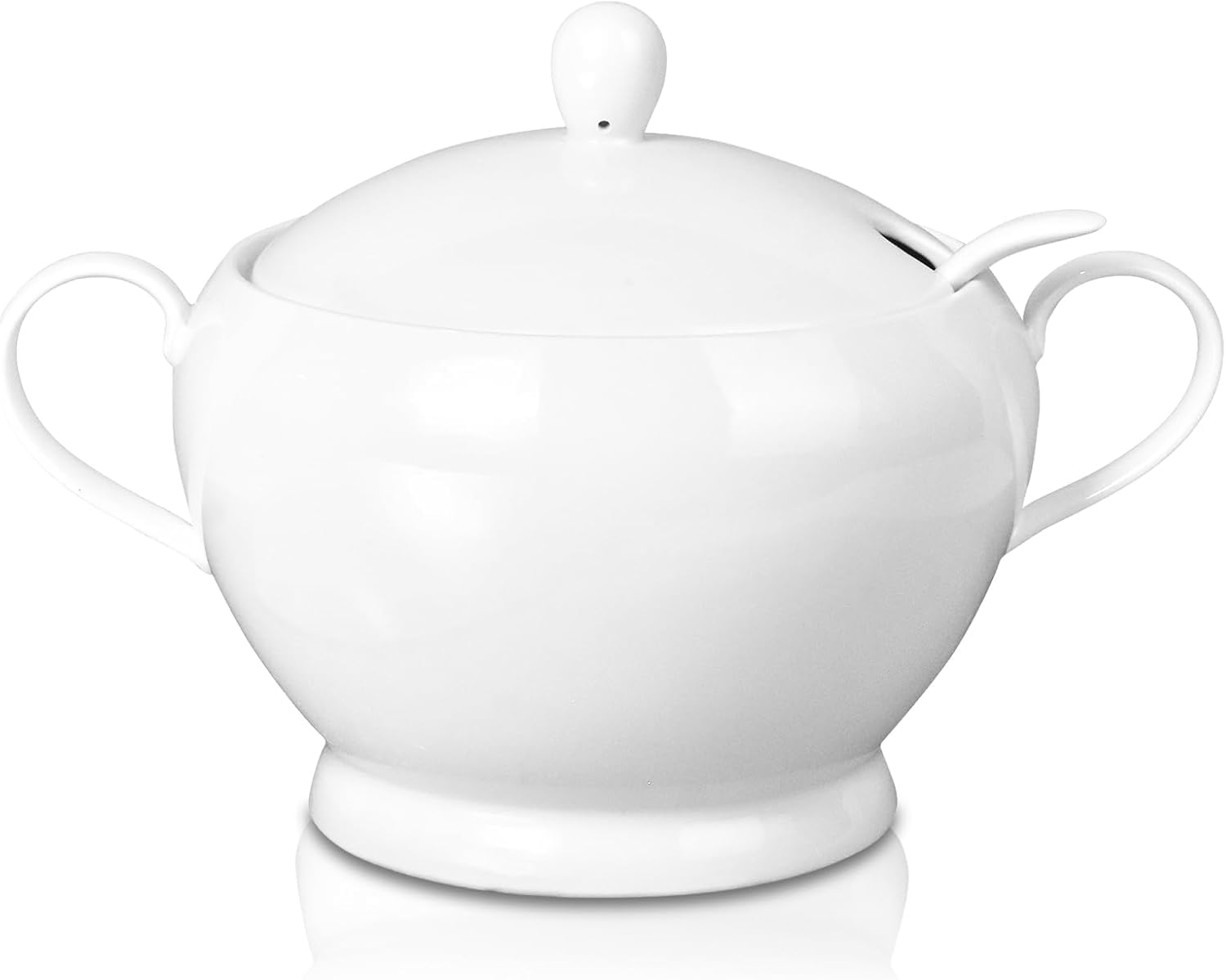 Soupière en céramique avec couvercle et louche - Grande capacité - 2,8 l - Avec poignées - Pour la maison, la cuisine, le dîner - Passe au micro-ondes et au four - Blanc