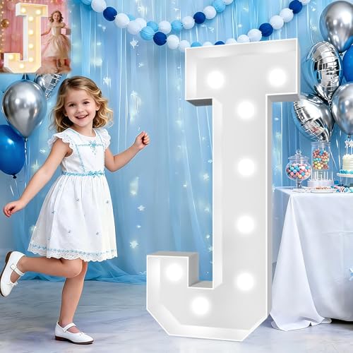 Image of Pooqla 3FT Marquee Light Up Letters, Cool White and Warm White LED Big Mosaic Marquee Letters 3 Feet, Giant Letter Sign for Balloons Birthday Anniversary Wedding Party Decoration, Letter J