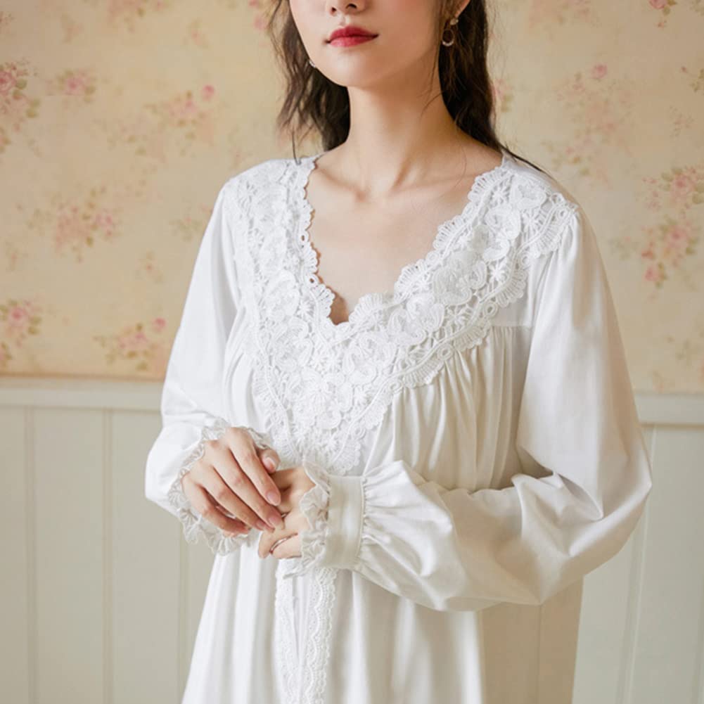 GUOCU Damen Mädchen Vintage Süß Prinzessin Stil Nachthemd Langarm Pyjama mit Floraler Spitze Bestickt V-Ausschnitt Nachtkleid Nachtwäsche Lounge-Kleid Schlafkleid Baumwolle Schlafanzug Sleepwear