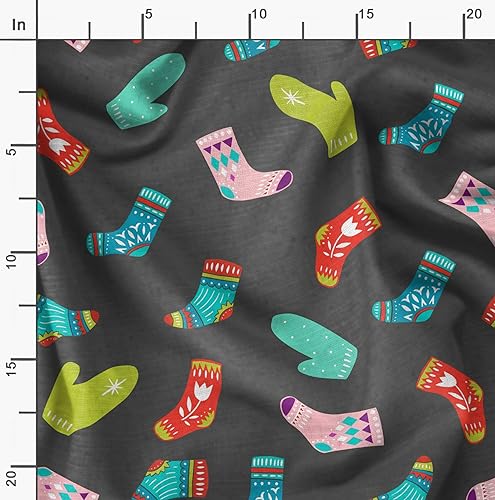 Image of Soimoi Gray Rayon Fabric Socks & Gloves Folk Art Print Sewing Fabric Meter 42 Inch Wide