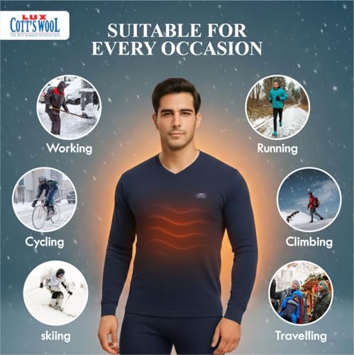 Image of Lux Cottswool Men's Cotton Thermal Set | Top & Bottom Body Warmer | V-Neck Winterwear | Full Sleeves & Snug Fit with Stay Warm Technology | Skin Friendly with Superior Heat Retention
