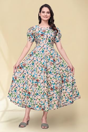 Image of Women's A-Line Crepe Maxi Dress | Stylish Fit and Flare Dress with Round Neck Short Puff Sleeves for Casual Wear