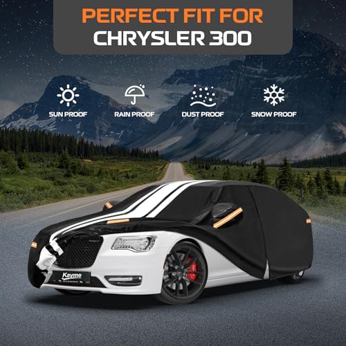 Image of Kayme Heavy Duty Car Cover Custom Fit for Chrysler 300 (1998-2023), Outdoor Full Exterior Cover with Tape and Towel, Rain Snow Sun UV Protection.