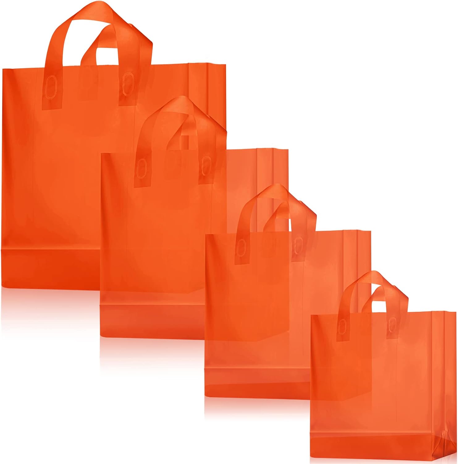 Weewooday 100 Pcs Frosted Plastic Gift Bags with Handles for Small Business Clear Shopping Bags with Cardboard Bottom,4 Sizes (Orange)