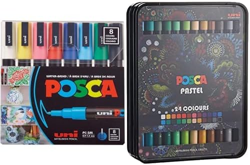 POSCA - Juego de marcadores de pintura de 8 colores, punta fina PC-3M + Posca, paquete de pasteles a base de aceite y cera con pigmentos naturales y