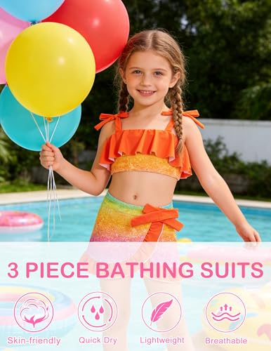 Image of ALISISTER Girls Swimsuit 3 Piece Bathing Suits Flounce Bikini Tankini Set Beach Swimwear with Cover Ups Skirt for 3-8 Years