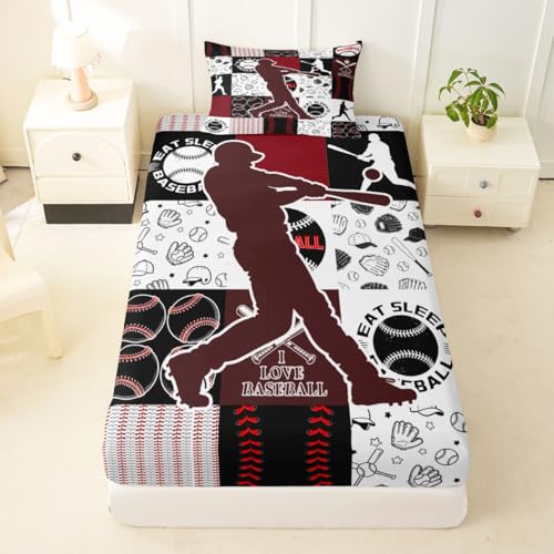 Image of Castle Fairy Baseball Player Bed Sheet Set for Kids,Sports Geometric Grid Red Sheets Set,Patchwork Baseball Home Decor Sheet Sets with Deep Pocket,Top Flat Sheet,Twin Size