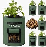 Delxo 5 Pack 10 Gallon Potato Grow Bags, Garden Planting Growing Bag with Flap, Double Layer Breathable Nonwoven Cloth for Potatoes/Planter/Vegetable/Tomato Fabric Pots with Handles Green