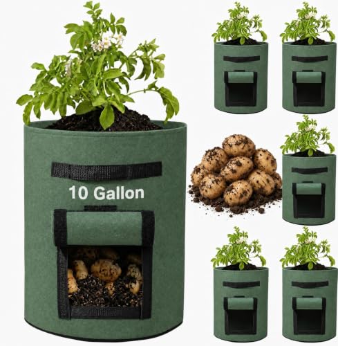 Delxo 5 Pack 10 Gallon Potato Grow Bags, Garden Planting Growing Bag with Flap, Double Layer Breathable Nonwoven Cloth for Potatoes/Planter/Vegetable/Tomato Fabric Pots with Handles Green