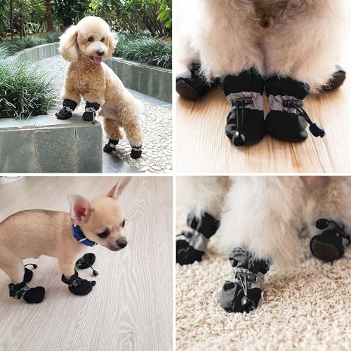 FaJoek Wasserdichte Hundeschuhe Mit Reflektierenden Riemen - Anti-Rutsch Pfotenschutz für Kleine Hunde Im Winter - 4 Stück (Schwarz, #7)