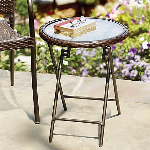 Stratford Wicker Folding Accent Table in Bronze with Tempered Glass Tabletop