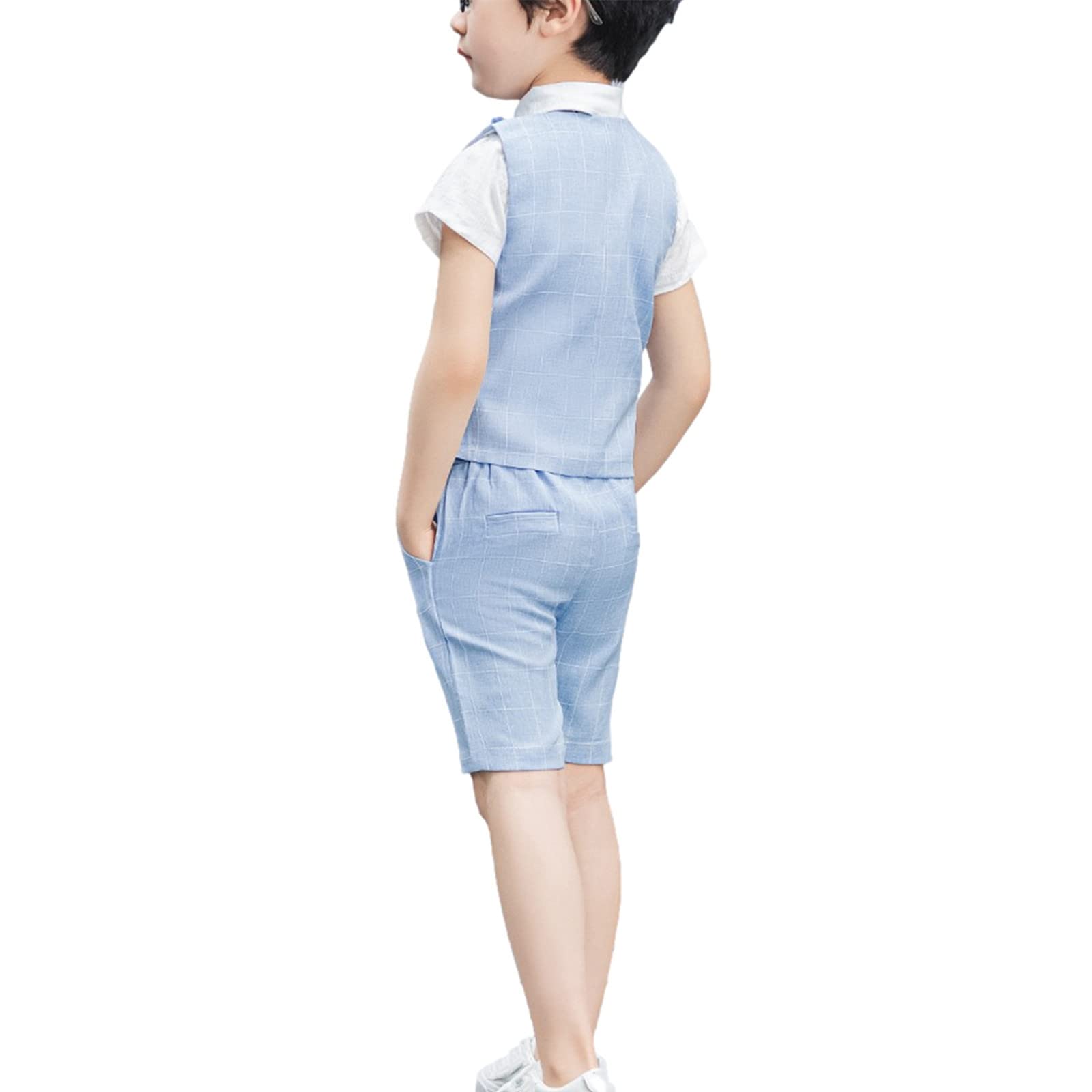 4 pièces Garçons Été Shorts Costumes Ensemble Coupe Ajustée Gilet Chemise Shorts Nœud Papillon Tenue Vêtements
