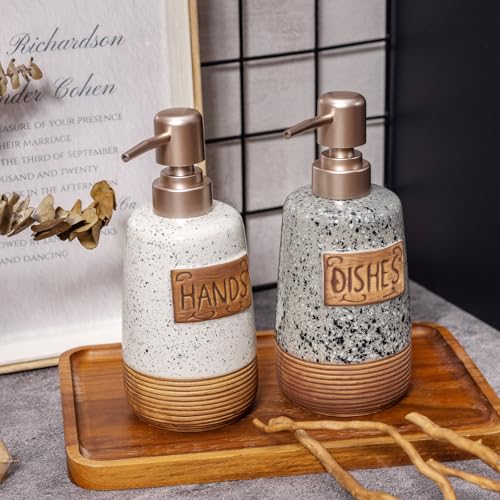 Image of Hand and Dish Soap Dispenser Set, Farmhouse Ceramic Soap Dispenser for Kitchen Sink, 15 OZ Vintage Hand Wash Liquid Dispenser for Bathroom Farmhouse Modern Kitchen Decor Accessories