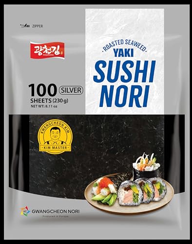 Yaki Sushi Nori Silver – Hojas de semillas tostadas | 100% natural coreano nori para sushi, maki, kimbap y aperitivos | Calidad Seaweed by Gwangcheon Nori – 100 hojas | 230 g | hoja completa