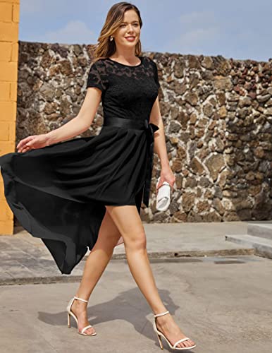 Wedtrend Floral Lace Chiffon Cocktail Dress With Sleeves For Women High Low A Line Round Neck Bridesmaid Formal Dress Summer Elegant Evening Party Ball Gown, Beach/Casual/Work Wt0209Blackl #TOP2