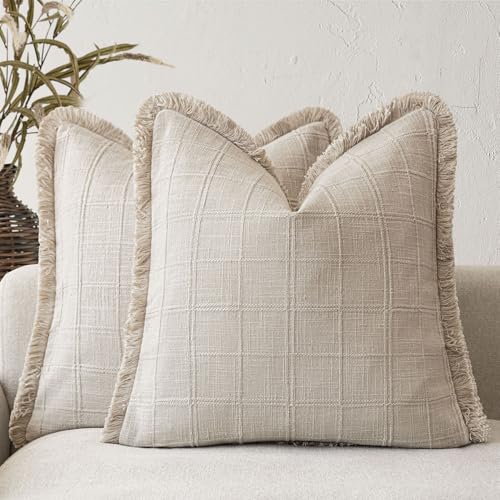 Foindtower Linen Check Fringe Throw Pillow Covers (2-Pack)