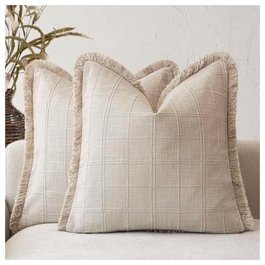 Foindtower Set of 2 Decorative Linen Check Fringe Throw Pillow Covers Farmhouse Vintage Cushion Covers Modern Boho Home Decor for Sofa Chair Couch Bedroom Living Room,20×20 Inch,Natural Linen