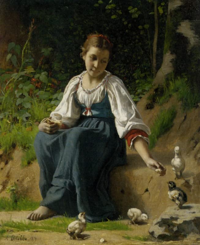 Toile François Alfred Delobbe - Jeune fille nourrissant les poussins 60x90cm pour salon