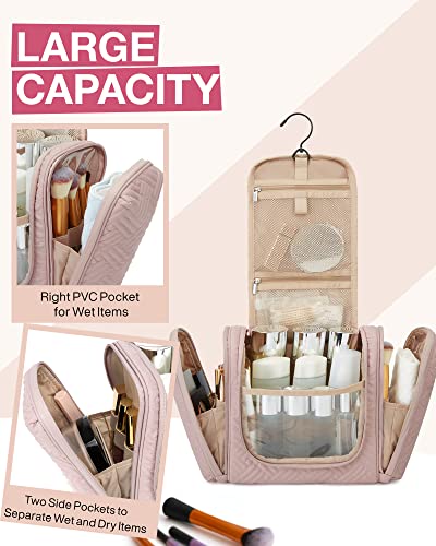Image of Toiletry Bag, BAGSMART Travel Toiletry Organizer with hanging hook, Water-resistant Cosmetic Makeup Bag Travel Organizer for Shampoo, Full Sized Container, Toiletries, Baby Pink,