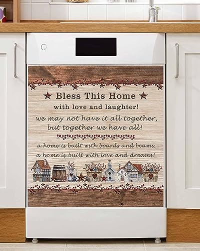 Dishwasher Magnetic Cover, American Country Star Bless This Home Berries Wooden Board Magnet Dishwasher Door Cover Refrigerator Decal Panel Kitchen Appliances Decor Stickers, Easy Clean, 23"Wx26"H