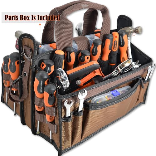 Image of WELKINLAND 20-Pockets Tool Tote Bag,16 inch Brown Open-Top Electrician Tool Bag