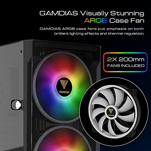 Image of GAMDIAS ATX Mid Tower Gaming Computer Case for Desktops & PC, 2X 200mm ARGB LED PC Case Fans Sync with Motherboards, Support Front 360mm & Top 240mm Cooler, Front & Side Tempered Glass Black