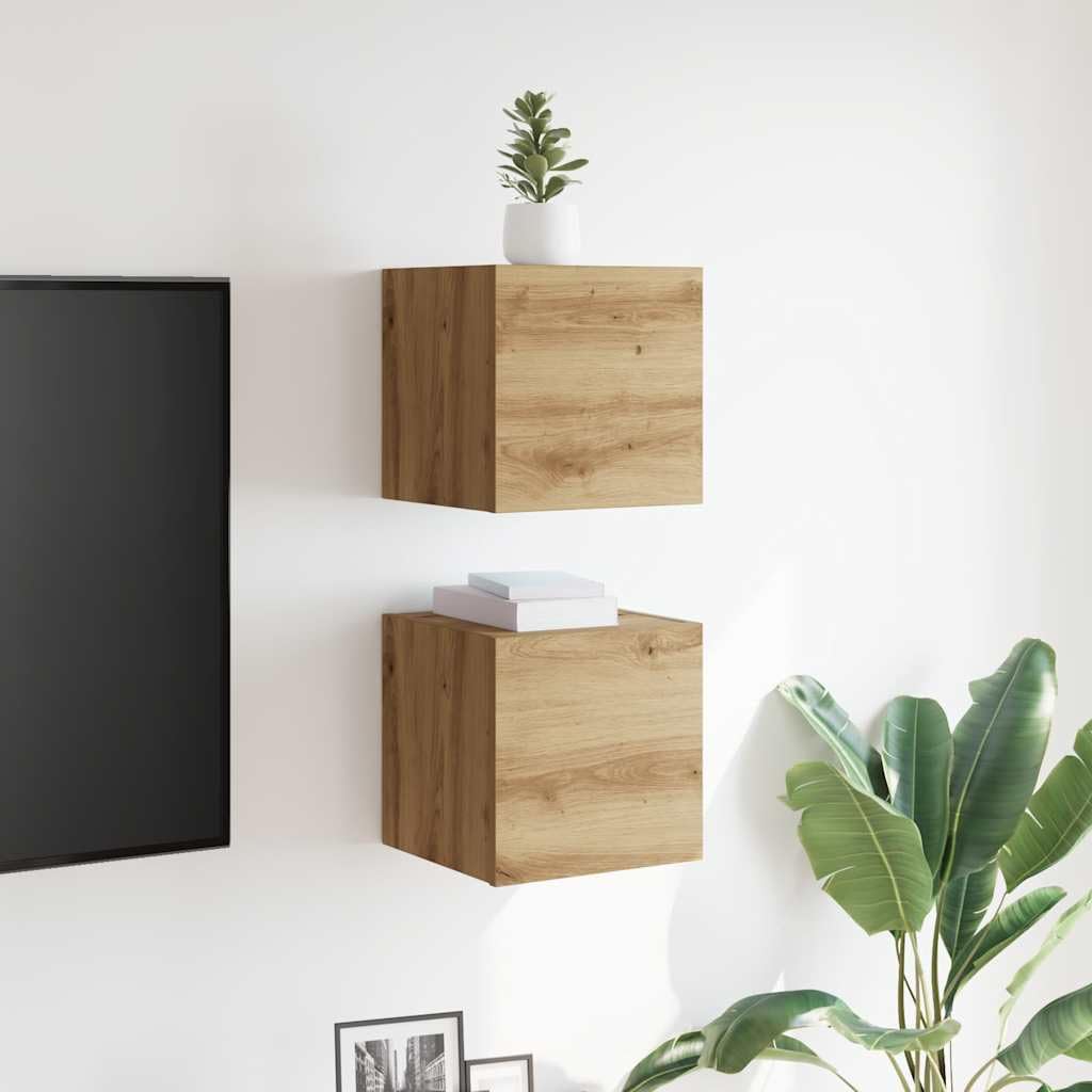 Armadietto da parete per TV, 2 pezzi, rovere Artisan, 30,5 x 30 x 30 cm, montaggio a parete con 2 scomparti, per soggiorno, camera da letto, multimediale e gaming, ripiano angolare