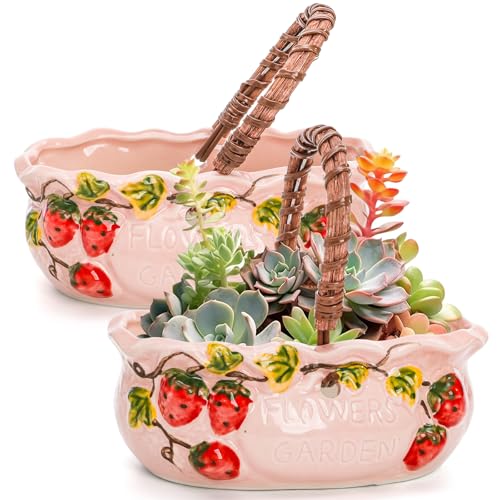 Jowgut 2 Pack Ceramic Succulent Planters, 7 Inch Shallow Bonsai Plant Pot with Handle Drainage Hole, Flower Container Bowl for Cactus Tree, Indoor Outdoor Office Decor, Strawberry Pattern
