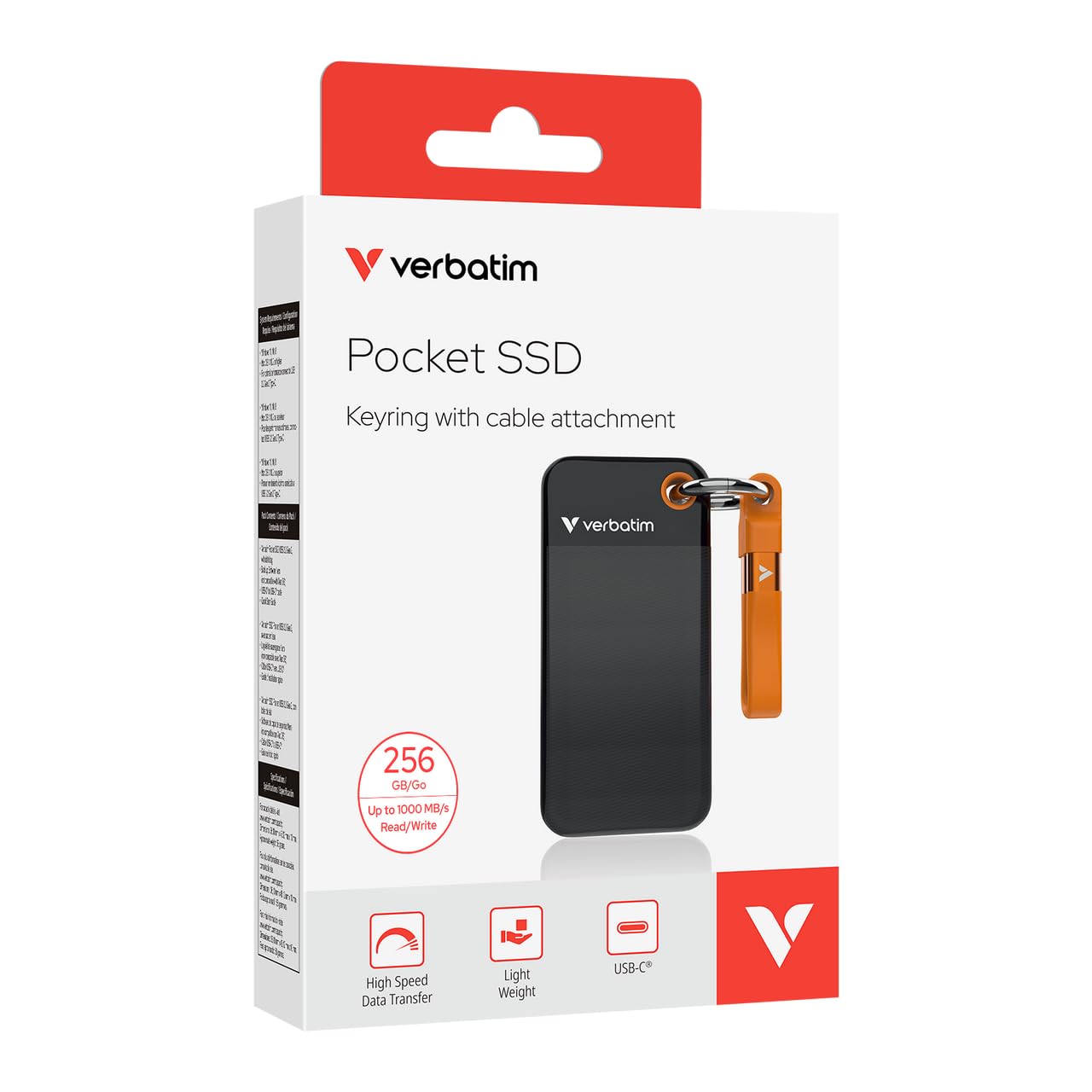 Verbatim Pocket SSD 256 GB, SSD esterno USB 3.2 Gen 2, fino a 1000 MB/s di lettura e scrittura, disco rigido portatile per PC, Mac e console, nero/arancione