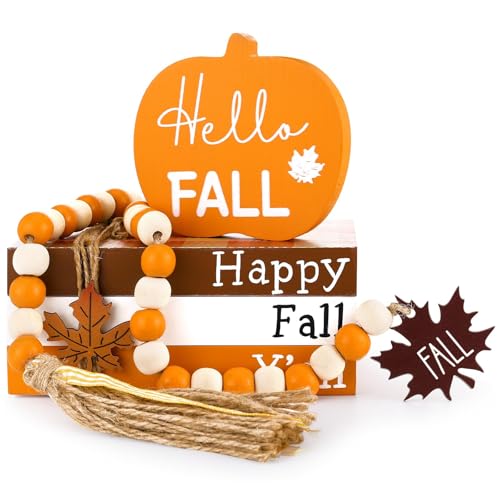 5 Pcs Fall Tiered Tray Decor Thanksgiving Wooden Sign Book Stack Pumpkin Maple Leaves Bead Garland Wood Table Centerpiece Hello Fall Y'all Decorations for Office Shelf Mantel Kitchen Rustic Farmhouse