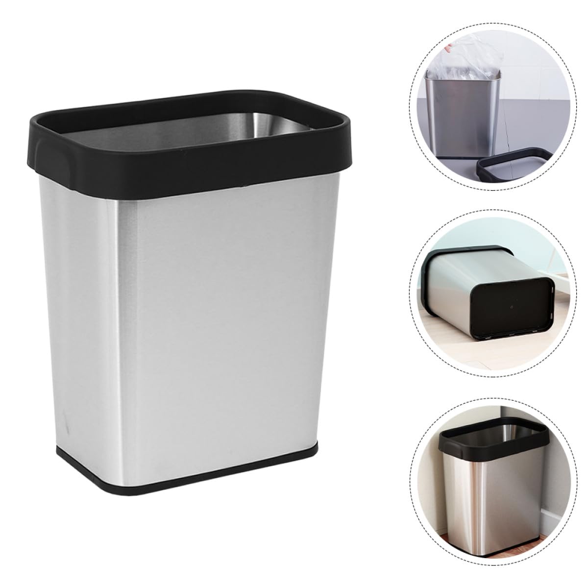 Rectangular 8l Stainless Steel Trash Can with Pressing Ring, Waste Paper Basket for Office and Kitchen Use, Sturdy Stainless Steel Garbage Can for Home Organization