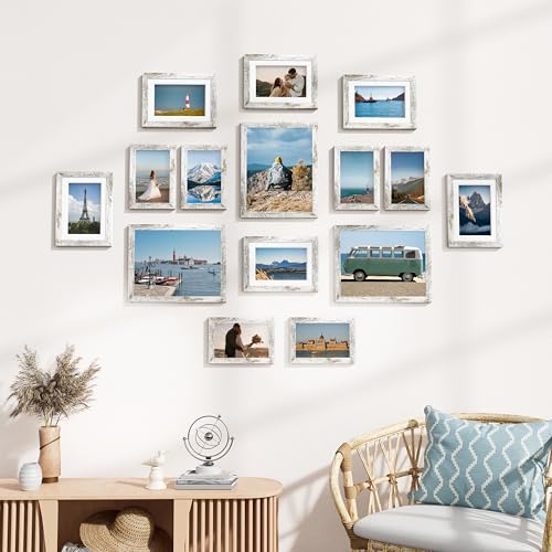 Image of Vittanly 15 Pack Picture Frames Collage Wall Decor for Mounting or Tabletop Display, Gallery Frame Set for Family, Multi Sizes Including 3pcs 8x10, 6pcs 5x7, 6pcs 4x6, Distressed White