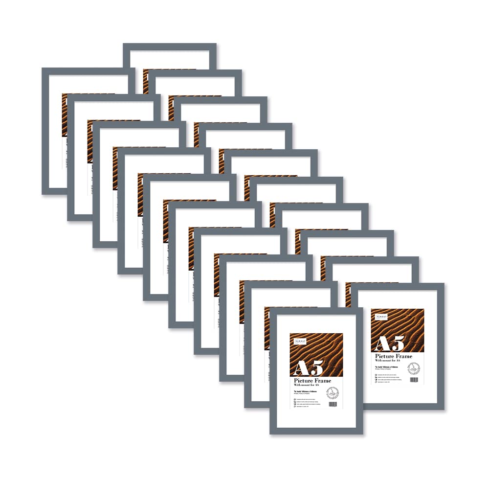 Almost Frameless A5 Grey Picture Frame Set of 20, Display A6 Pictures with Mount or A5 Without Mount Gallery Wall, Poster, Photo, Artwork, or Print, Grey
