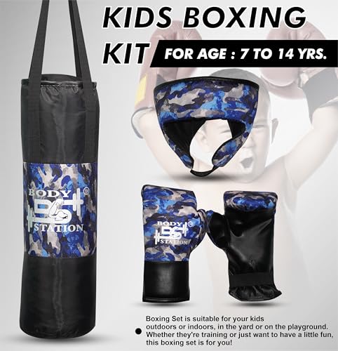 Image of Kids Champ Junior Punching Set | 1 Punching Bag, 1 Head Guard, 2 Gloves | Boxing Training Punching Bag & Gloves for Boys & Girls | for 3 to 10 Years Kids (Set of 4) (Blue Camo)