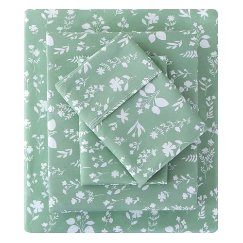 Image of Viviland Sage Green Twin Sheet Set - 4 Piece Vintage Green Flower Patterned Bed Sheets - Soft, Breathable Microfiber Floral Sheets with Deep Pocket, Non-Slip Fitted Sheets & Pillowcases