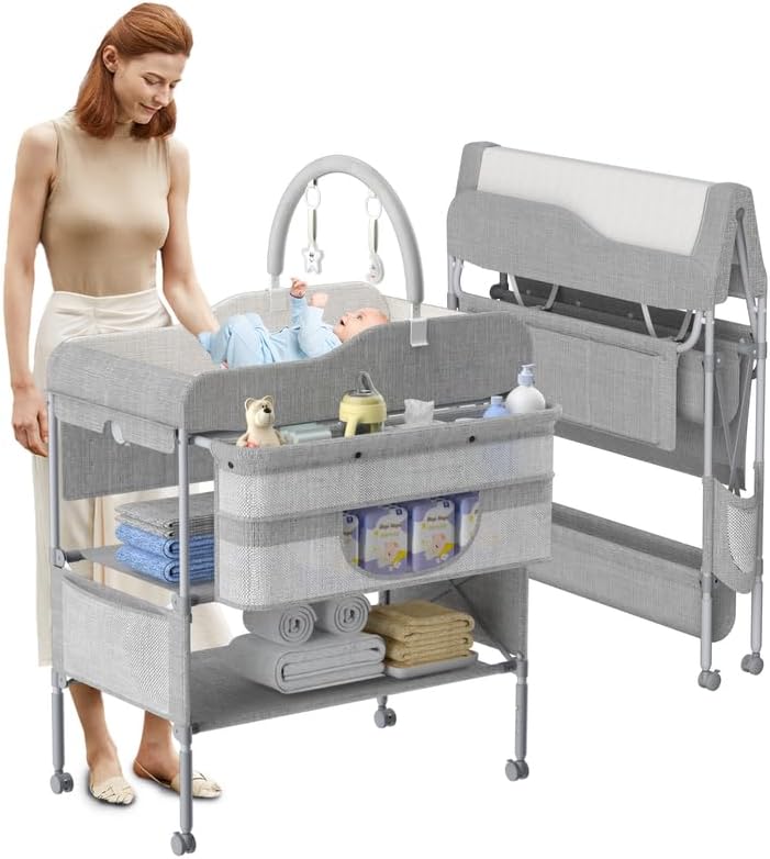 Portable Baby Changing Table, Foldable Changing Table Dresser Changing Station for Infant, Height Adjustable Waterproof Diaper Changing Table, Mobile Nursery Organizer for Newborn Essentials